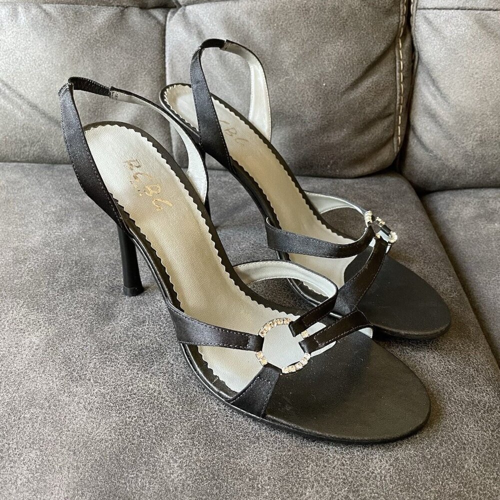 Y2K BCBG Satin Black Leather Rhinestone Slingback Heels Women’s‎ 8.5 vintage